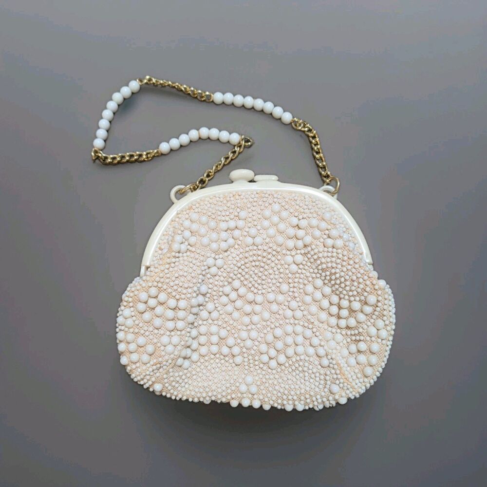 Vintage 1950s White Milk Glass Beaded Clutch Purse Lucite Frame Kiss Lock As Is